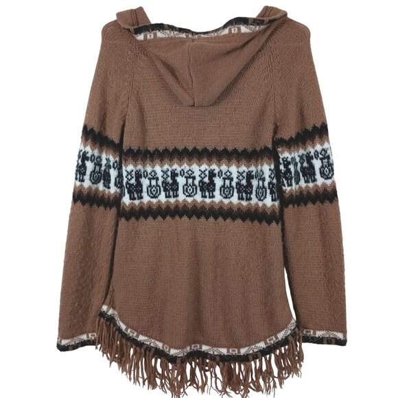 Albinaas Alpaca Hooded Sweater With Llama Pattern & Fringe Size Small Brown - Picture 4 of 11